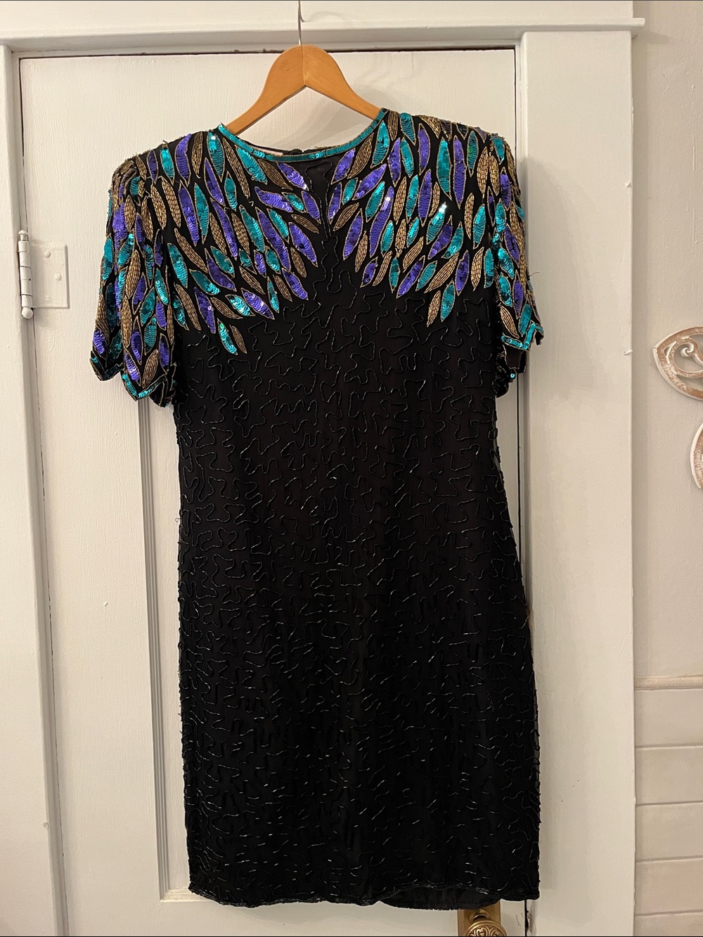 Laurence Kazar Black Silk Dress with Teal, Purple & Gold Sequin Leaf Motif, Sz L